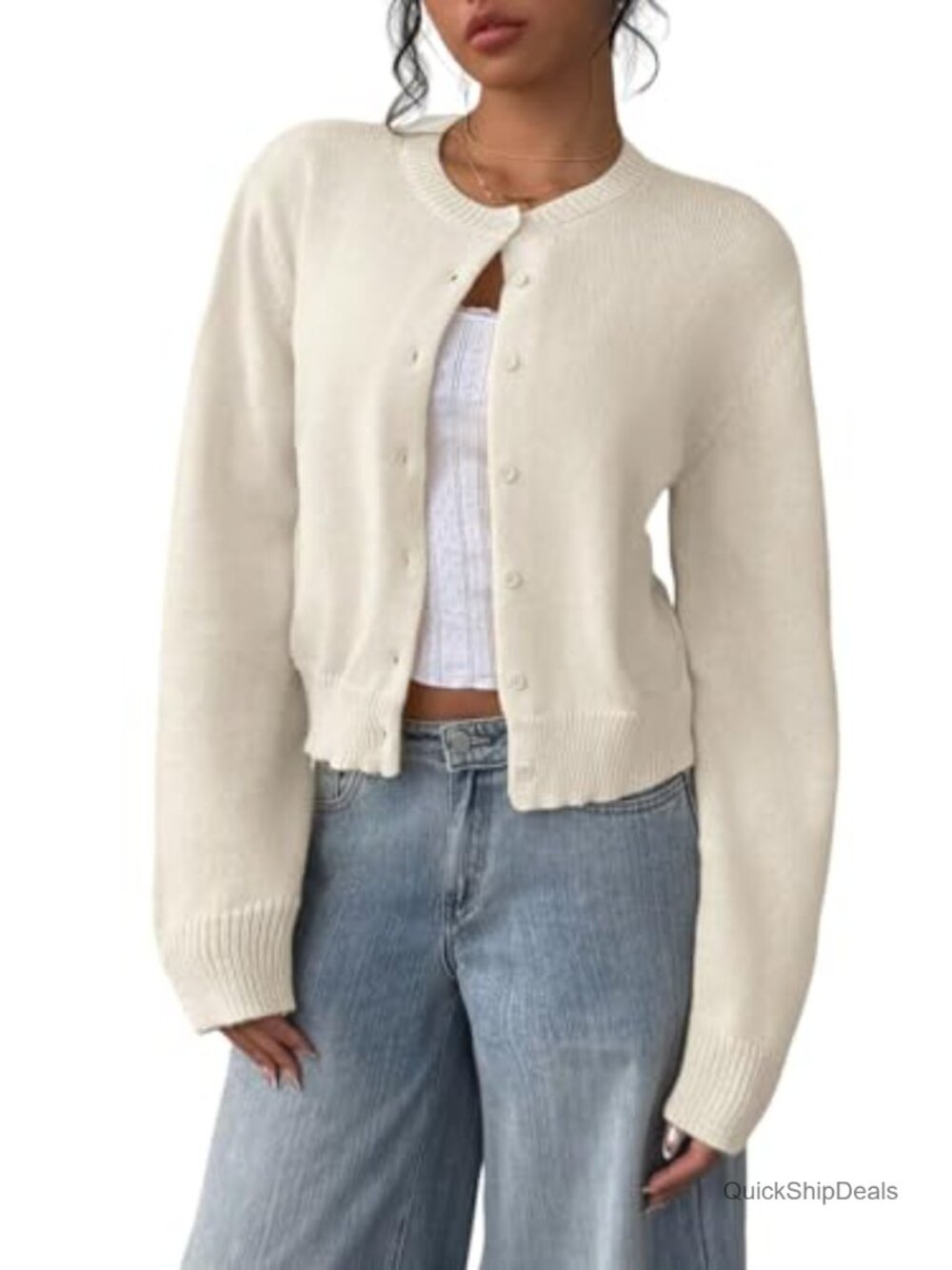 Cropped Cardigan Sweater Women Long Sleeve Button Down Open Front Lightweight